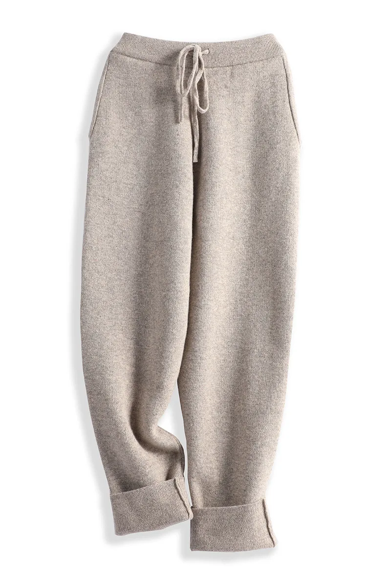 Women Fashion Straight-leg 100% Merino Wool Pants Cashmere Soft Solid Color Trousers Simple And Comfortable