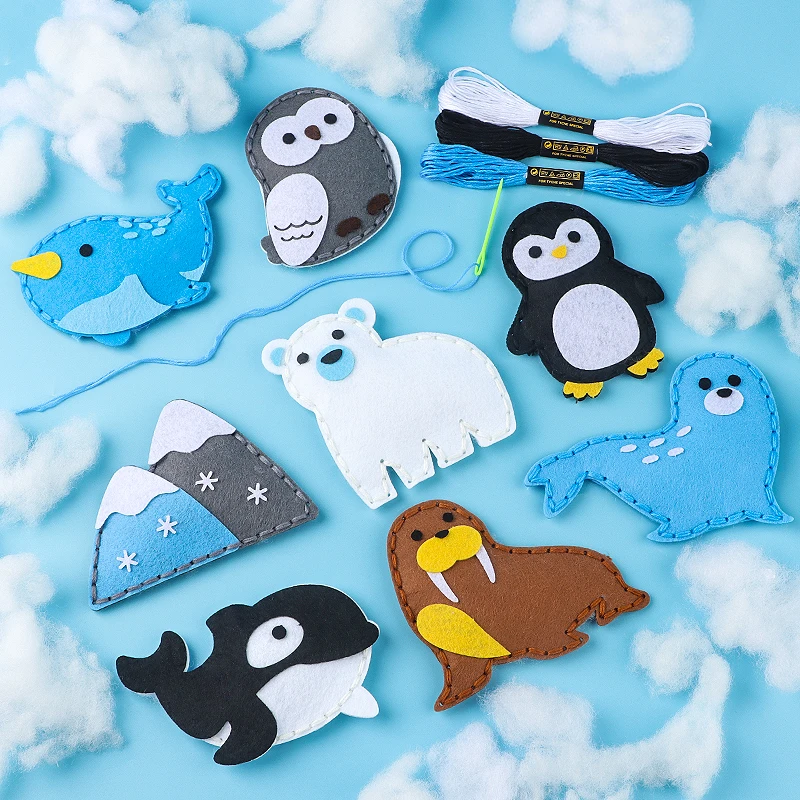Felt Sewing Kit for Kids Arctic Ocean Animal DIY Hand Sewing Craft Set Polar Bear Penguin Seal Whale Non-woven Fabric Art Handma