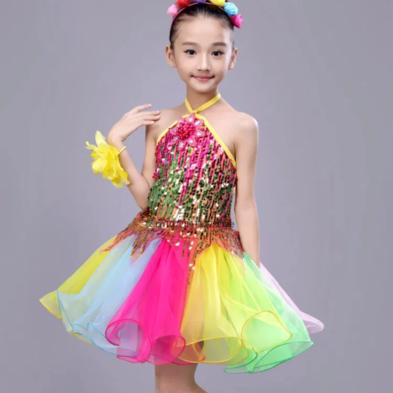 Children's Jazz Dance Performance Costume, Girls' Fluffy Princess Dress, Sequined Gauze Dress, Stage Performance Costume