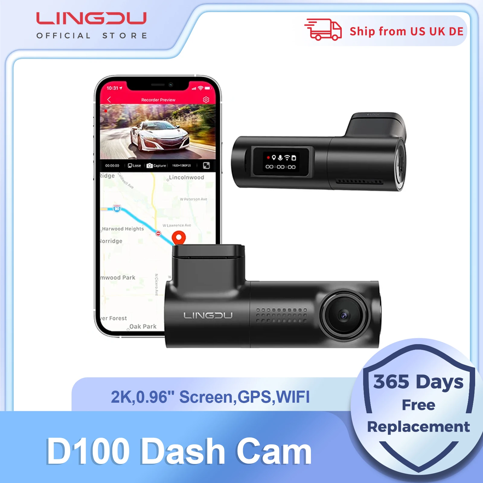 LINGDU Dash Cam D100 3K Built-in GPS Wi-Fi Video Recorder 24H Parking Motion Car Camera Night Vision Car DVR EN Voice Control