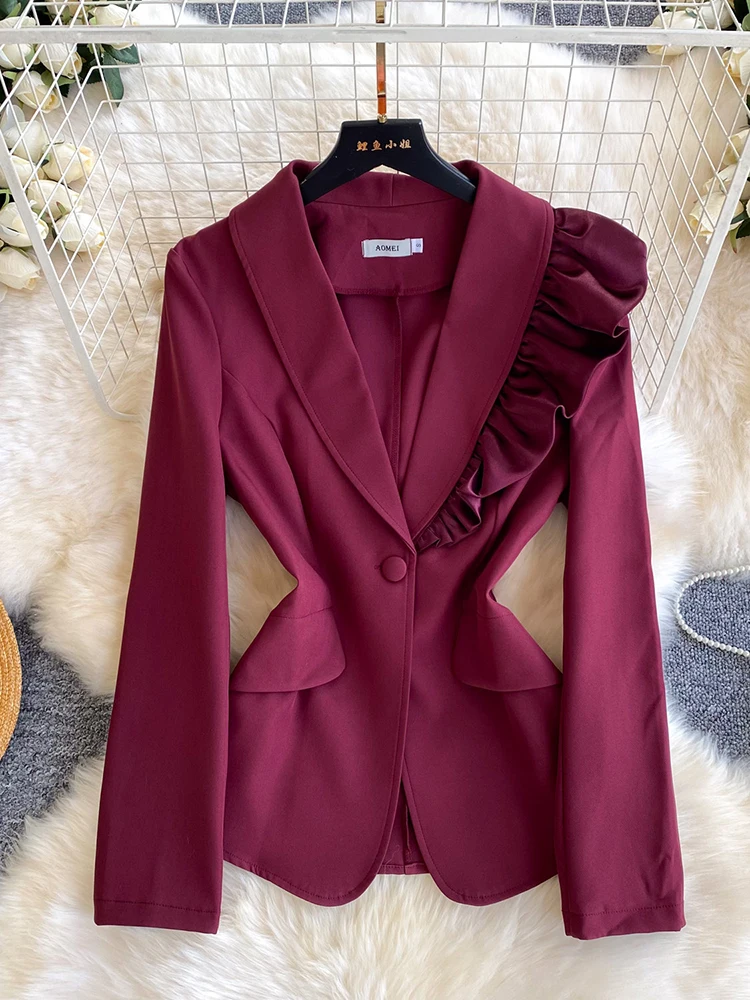 Korean version solid single buckle commuter suit jacket women's wooden ear design decoration fashionable professional jacket