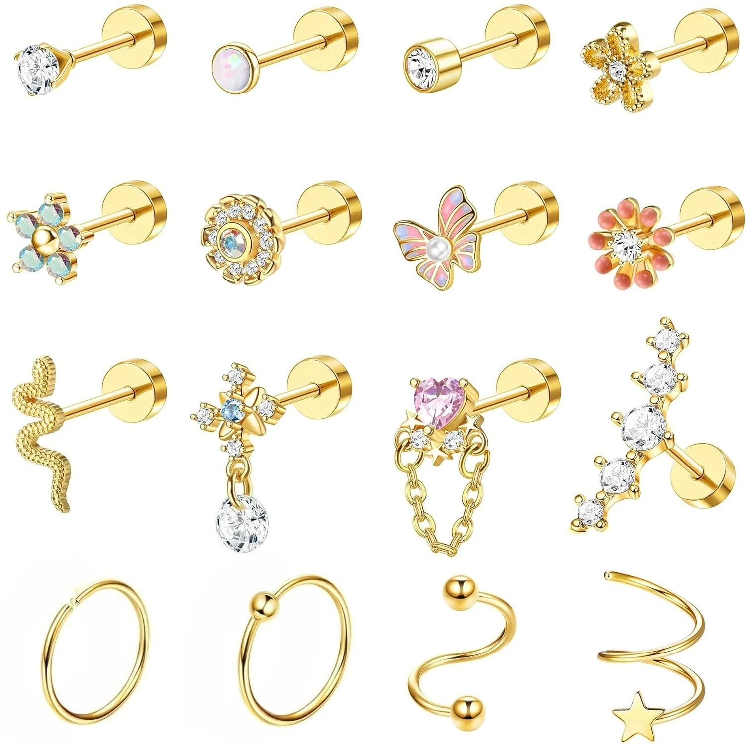 Bobisty 1PC Cartilage Earring Stud for Women Surgical Steel Flat Back Earrings Hoop Flower Snake Shape Helix Piercing Jewelry