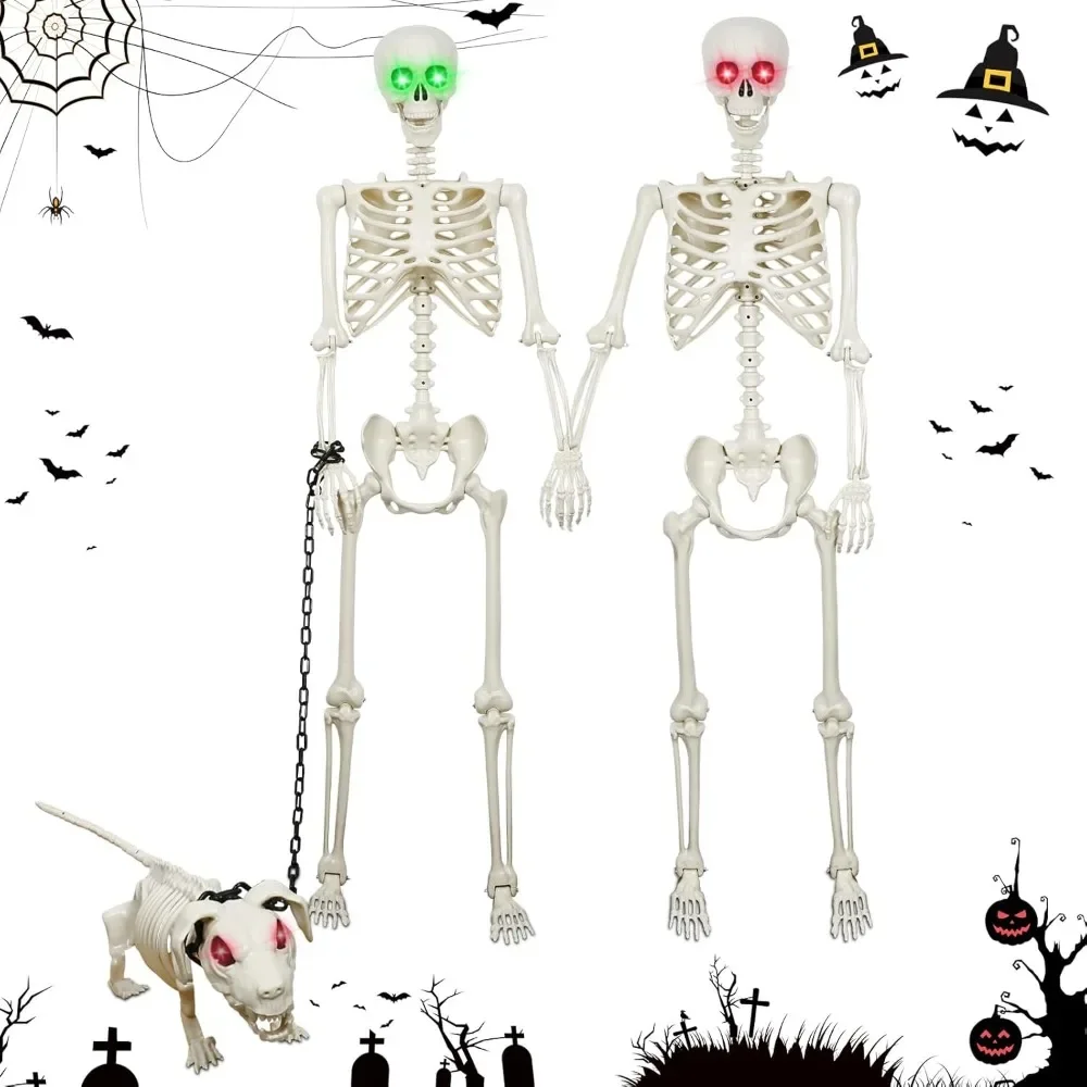 

5.4 Ft (165 Cm) 3 Pack Life Size Skeleton Halloween Decorations - Poseable Skeletons with Light-Up Eyes for Spooky Halloween