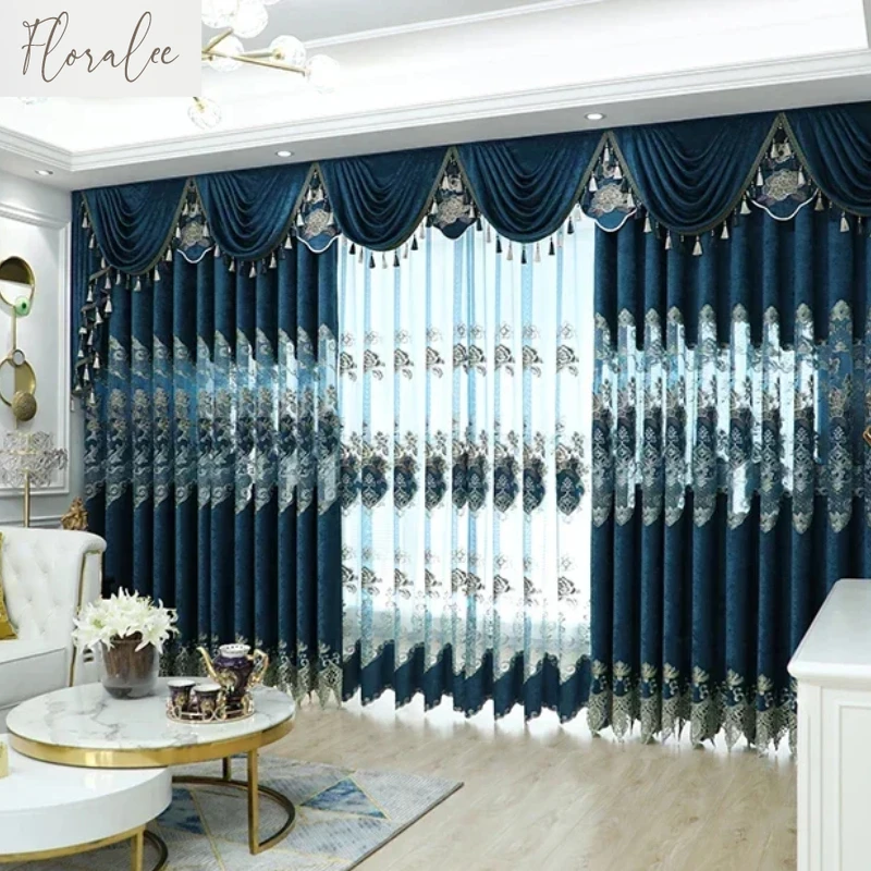 

Simple Retro European Blue Curtains for Living Room Bedroom High-end Chenille Luxury Hollow Embroidery Villa High-end Customized