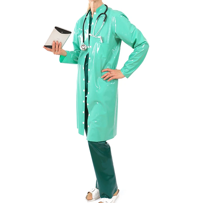 Jade Green Sexy Latex Uniform With Pockets Front Buttons Rubber Coat Robe Jackets YF-0413