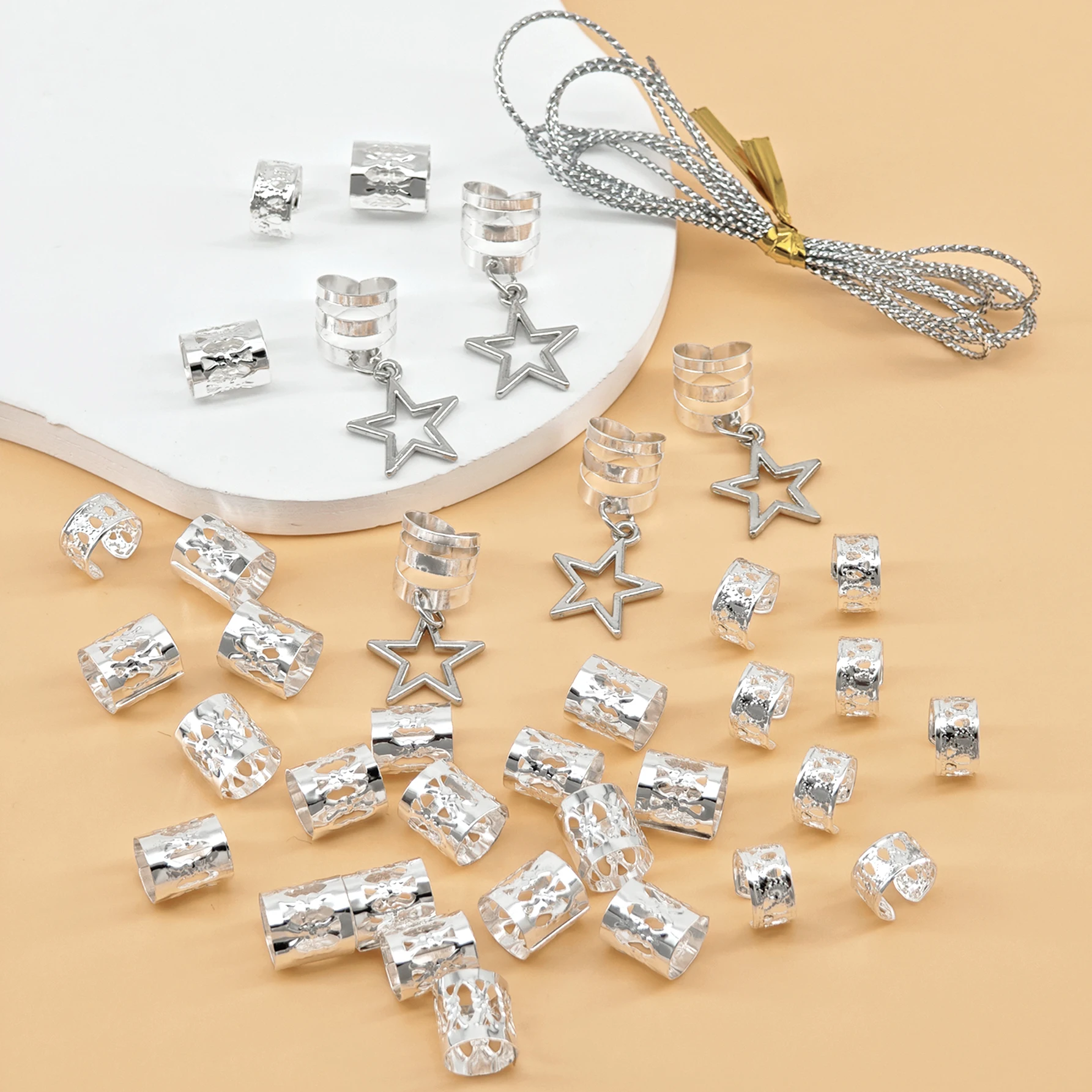 Set di 36 anelli per capelli intrecciati dorati o in argento, anello per capelli intrecciato a forma di stella, accessorio per capelli intrecciati festival personalizzato