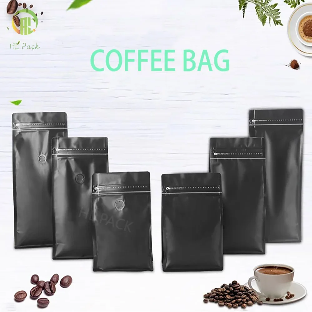 50pcs 100g 250g 500g 1kg Matte Black Coffee Package Plastic Bags Coffee Bags with Valve and Zipper