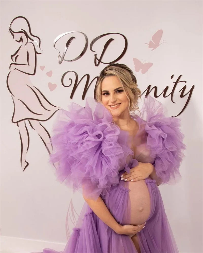 Purple Maternity Dress  For Photo Shoot  Puffy Tulle Sleeves Plus Size Women Prom Pregnant Gown Bathrobe Nightwear Custom Made