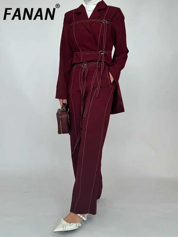 FANAN Burgundy Two-piece Women's Open Top Long Sleeved High Waisted Straight Pants Warm Suit For Women 2025 Spring New Coats