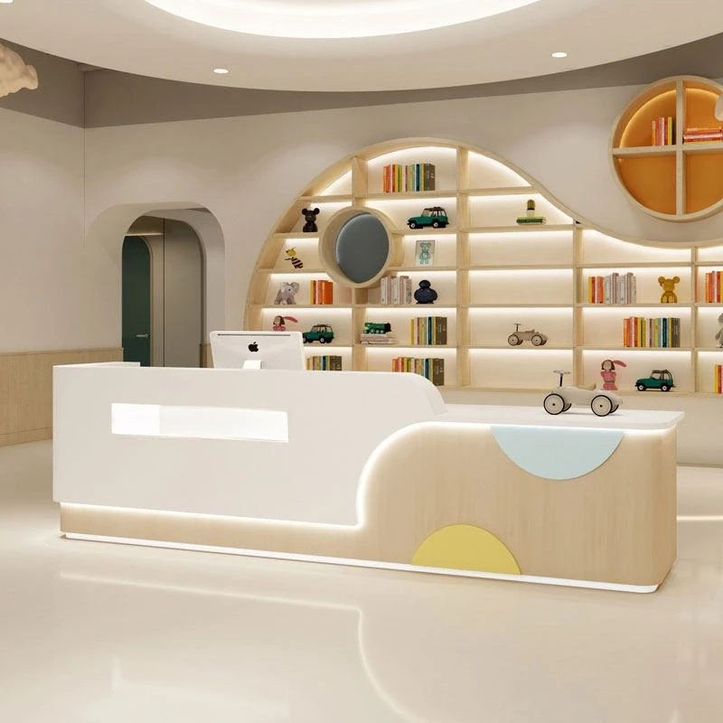 Children's cartoons reception counter modern multi-functional reception desk LED lights mostrador de recepción office furniture