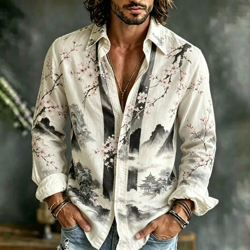 Men's long sleeved shirt, ink wash landscape plum blossom full print top, versatile and fashionable shirt for daily vacation