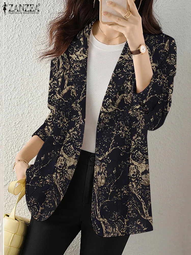 ZANZEA-Blazer con estampado Floral para mujer, chaquetas OL elegantes con cuello de solapa, manga larga, prendas de vestir finas, trajes Vintage