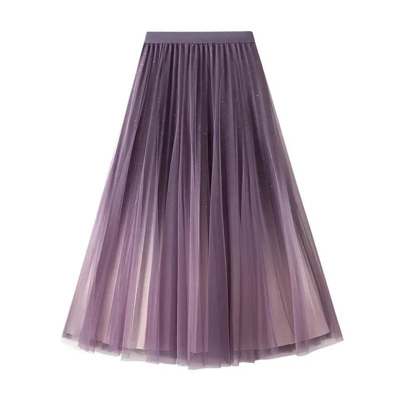 Starry Gradient Chiffon Pleated Long Skirt for Women, Solid Color 3-layer A-line High Waisted Autumn and Winter Big Swing Skirt