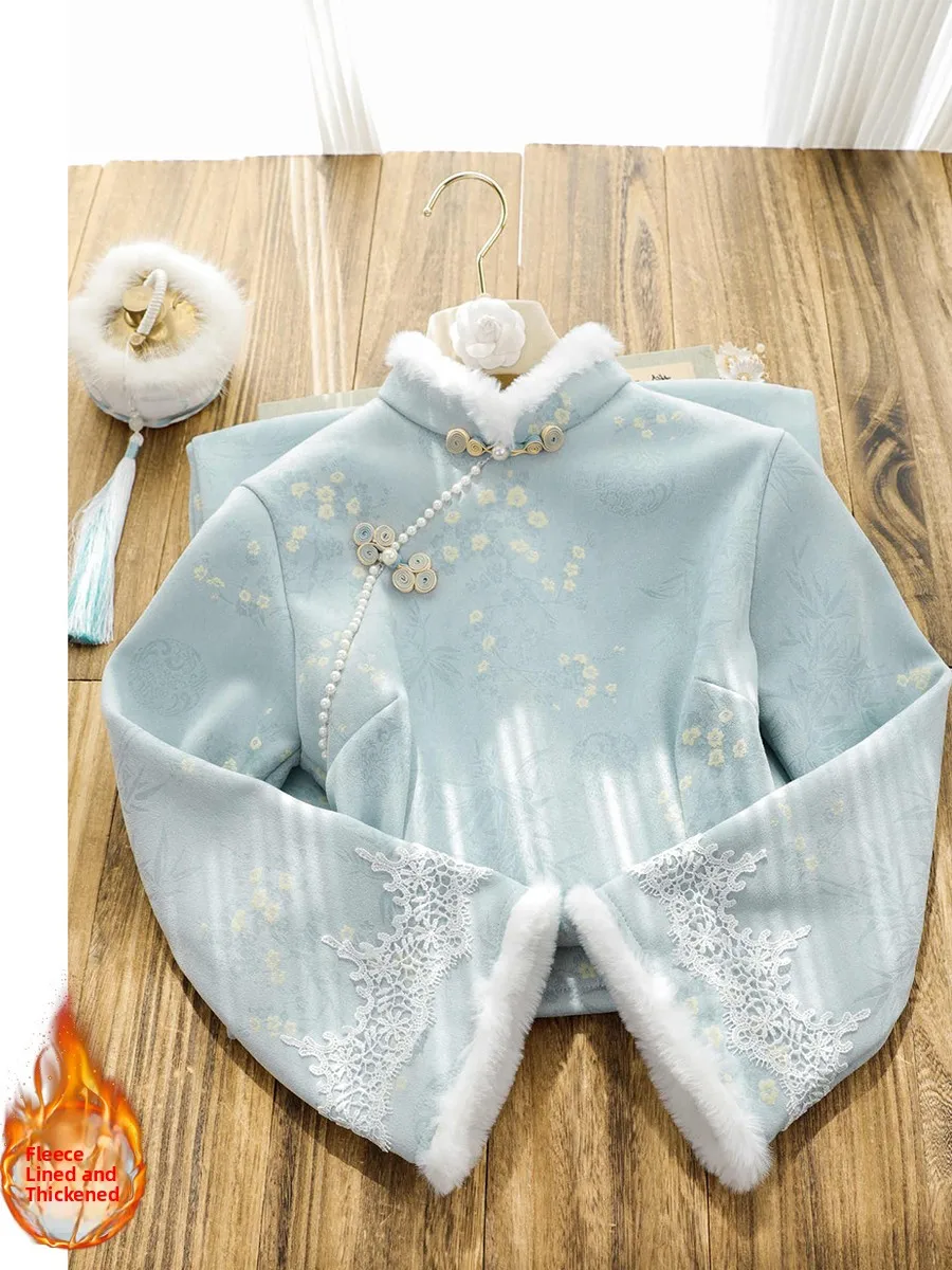 

Retro Sle Young Women's Warmth-Enhanced Velvet Collar Qipao Long Dr Daily Wear Low Slit Polyester Fiber Long Sve