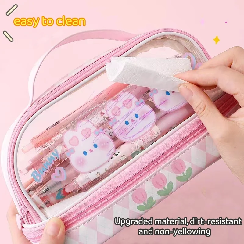 Kawaii Pencil Case Double Layer Large Capacity Pen Bag Cartoon Portable Pencil Box School Student Supplies Stationary Organizer