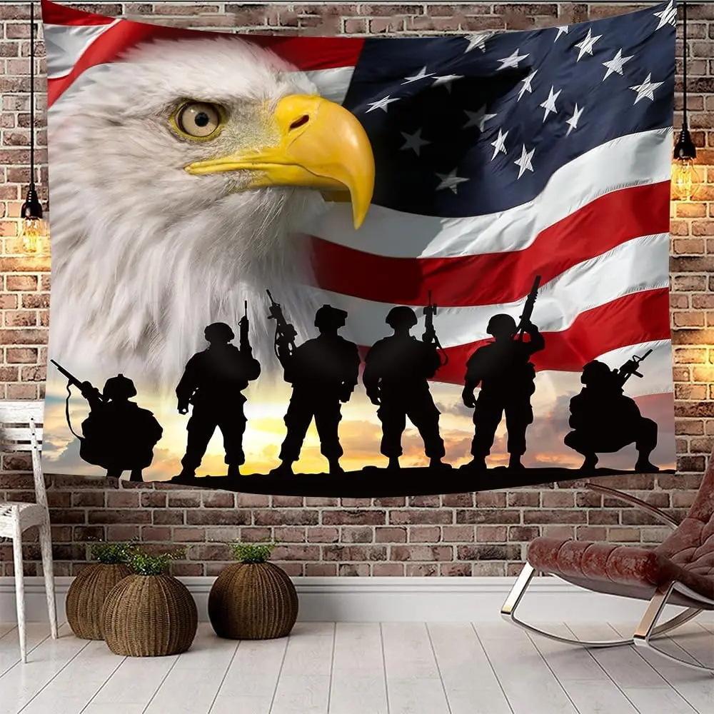 American Flag Military Soldiers Tapestry – Patriotic Eagle & Sunset Wall Hanging for Living Room, Bedroom, Dorm & Man Cave Decor 4