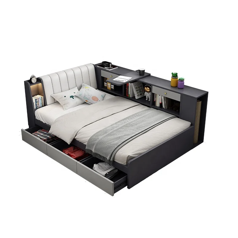 

Hot Sale New Modern Style Queen Size Customized Light Luxury Bedroom Furniture Wooden Frame Leather Children Bed with Storage