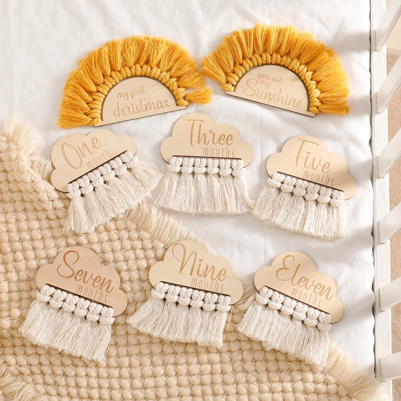 

8pcs/set Wooden Baby Milestone Cards Cloud Sun Tassel Milestone Memorial Monthly Baby Commemorativenir Newborn Photo Accessories