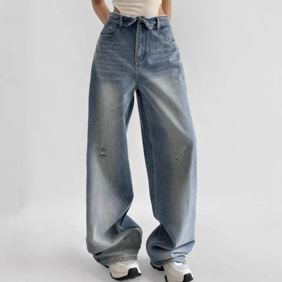

2026 Spring and Autumn New Women's Jeans Loose High Waist Perforated Wide Leg Pants