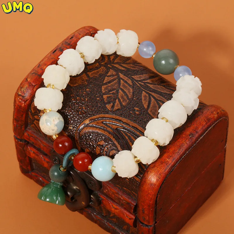 Fidelity White Jade Bodhi Lotus Carving Bracelet Dongling Yulianpeng Bracelet Gift