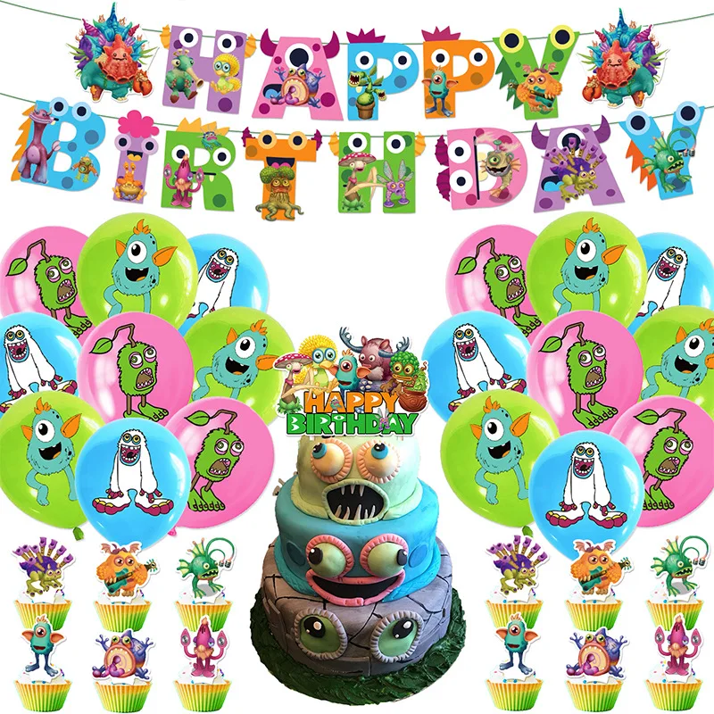 

My Singing Monster theme children's birthday party latex ball ball set cake decorative supplies Cosplay Decoration Cup Plate