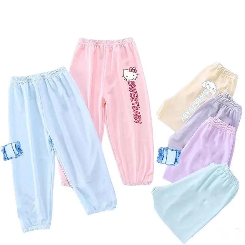 Anime Kawaii Sanrios Hellokittys Cinnamoroll Kuromi Ice Silk Kids Sweatpants Casual Cool Girls Mosquito Pants Baby Child Clothse