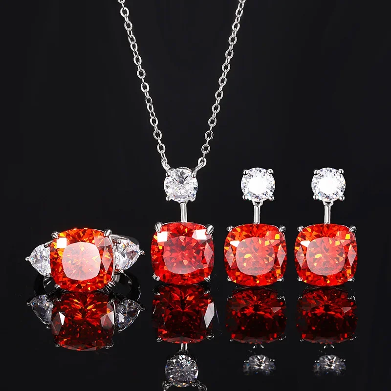 S925 Silver Plated 18K Gold Plated PT950 Platinum Bird's Nest Cut Orange Red Retro Temperament Set Main Stone 2*12 Jewelry