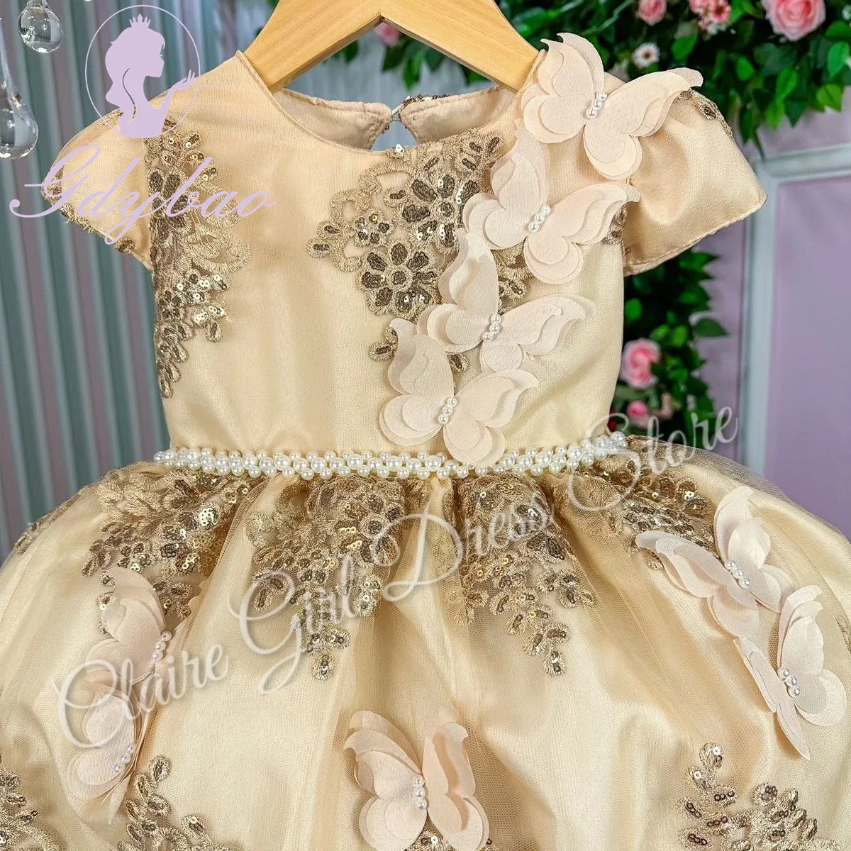 Maßgeschneiderte rosa Blumenmädchenkleider für die Hochzeit, goldene Applikationen, Perlen, Schmetterlinge, Kindergeburtstagsfeier, Erstkommunion, Ballkleid