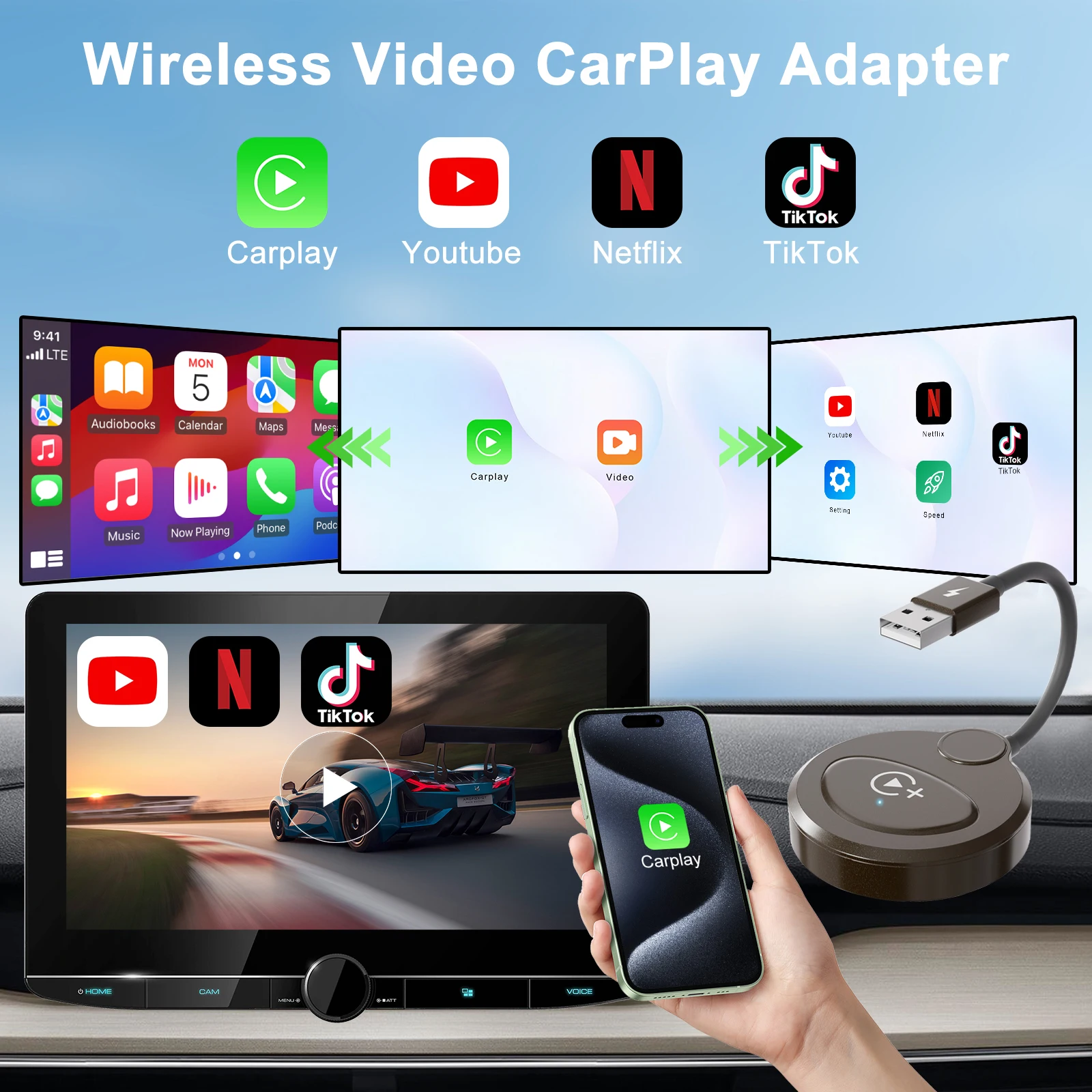 Carplay Wireless Adapter with Youtube/Netflix/Tiktok, Wireless Carplay USB Dongle for Factory Wired Carplay to Wireless