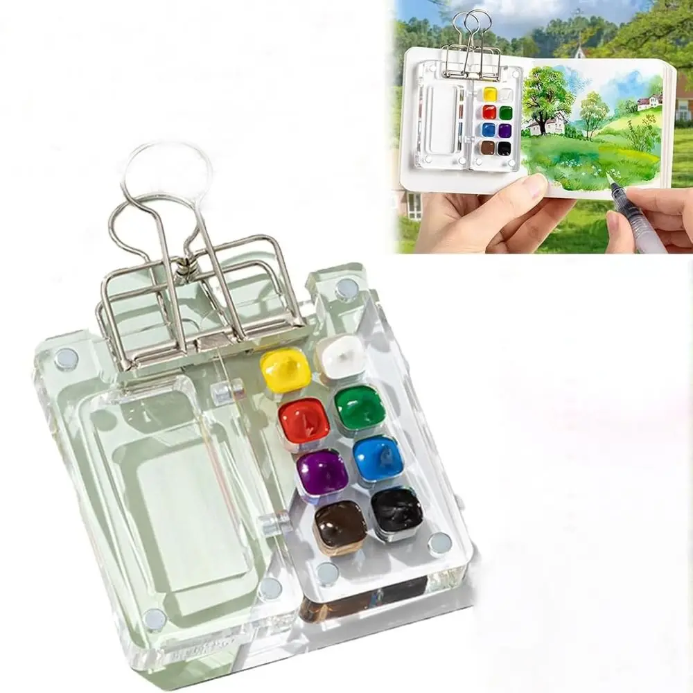 New with Clip Pocket Watercolor Travel Set Durable Acrylic Grid Paint Box Painting Supplies Portable Watercolor Palette Travel