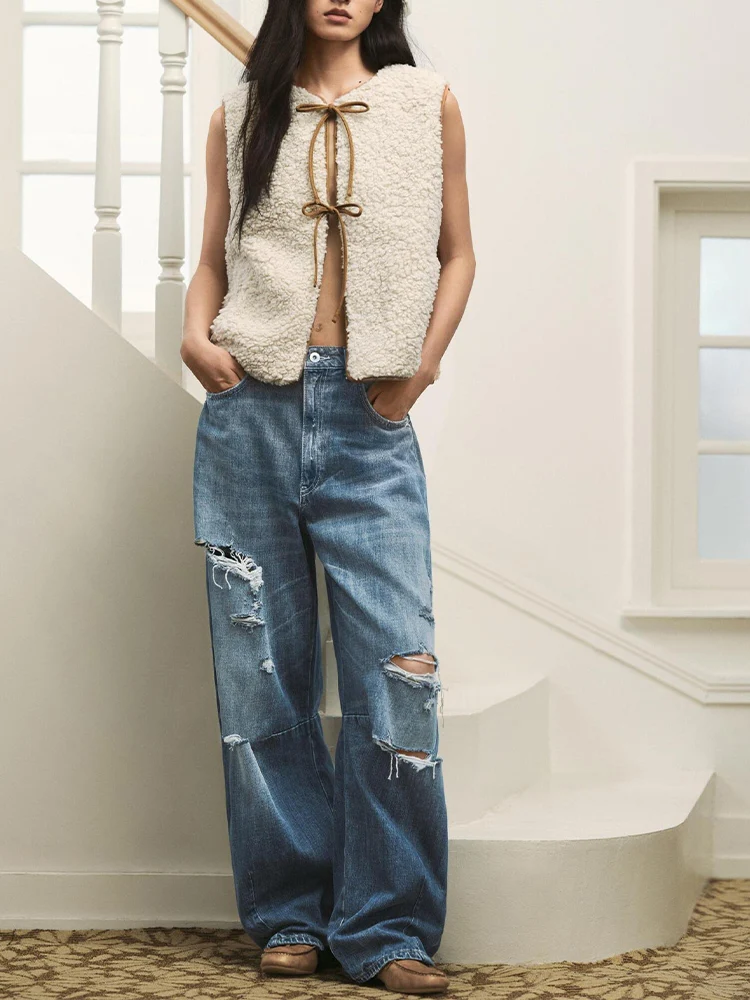 

Новый женский модный универсальный жилет контрастного цвета из замши и овечьей шерсти в европейском стиле с круглым вырезом