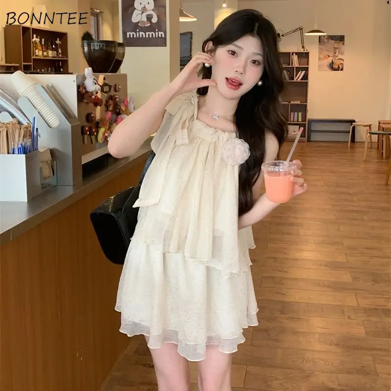 Solid Sets Women Lace-up Loose Camisole Bow A-line Skirts Folds Korean Style Beach Fairycore Holiday Casual Pretty Stylish Chic