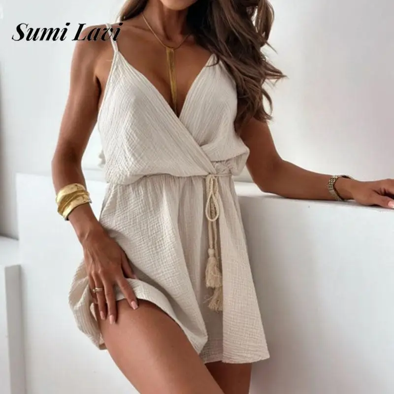 

Женский короткий комбинезон с запахом, элегантный Свободный комбинезон на бретелях с V-образным вырезом и высокой талией, лето 2024