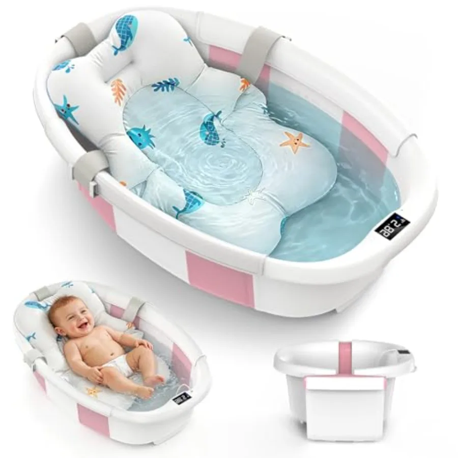 

Collapsible Baby Bathtub for Newborn to Toddlers 0-36 Months Large Baby Tub with Thermometer and Cushion Easy Setup Foldable Tr