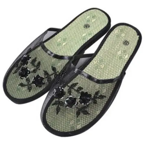 Zapatillas de interior con lentejuelas para mujer, zapatos planos, zapatillas de playa de malla hueca, chanclas informales Baotou, malla de flores creativas de verano