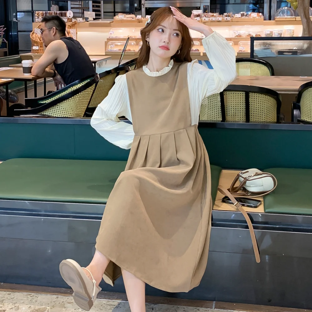 Korean Style Maternity Dress Long Sleeve O-neck Stretched Pregnant Woman Clothes pregnancy photoshoot Dress Autumn vestidos