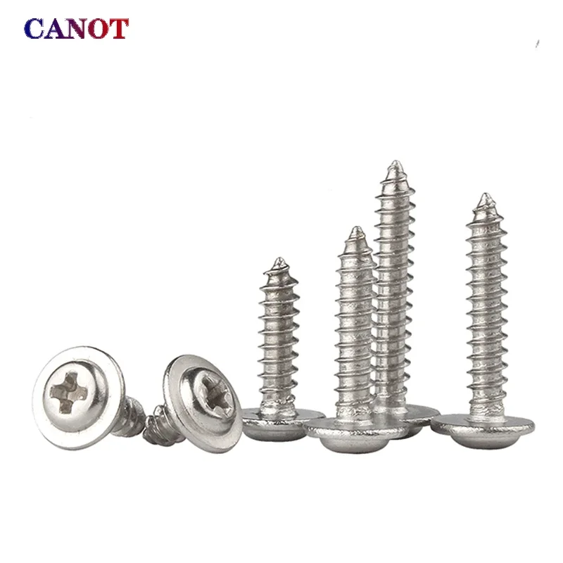 20/ 50/ 100/ 200pcs M1.4 M1.7 M2.6 M3- M5 304 Stainless Steel Cross Phillips Pan Round Head W/ Washer Collar Self-tapping Screw