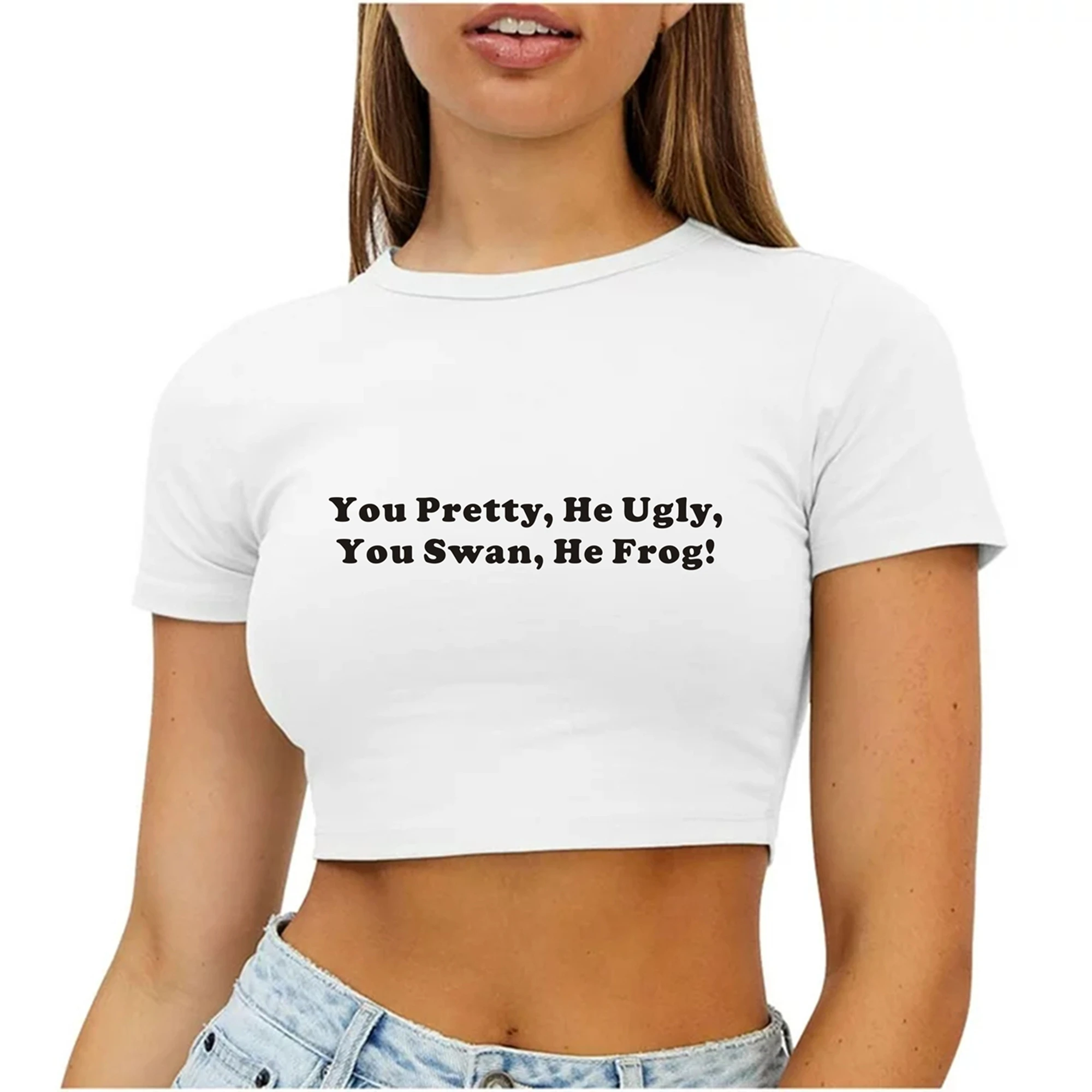 Funny Chinese English Cotton Baby Tee You Pretty, He Ugly,  You Swan, He Frog Y2K Girls Crop Top Y2K Short Top Baby T-Shirt