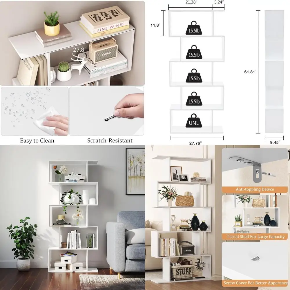 

5-Tier Geometric S-Shaped Bookshelf, Modern White Wood Bookcase for Home Office and Bedroom Decor