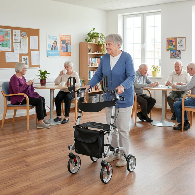High-Arm Rollator for Rehab Patients Adjustable Foldable Mobility Aid Safe Durable Carbon Steel Black CE Certified Walking