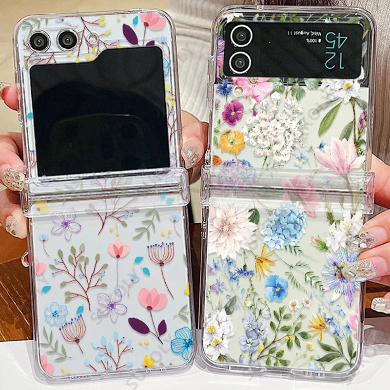 Funda de teléfono plegable transparente Floral para Samsung Galaxy Z Flip 6 5 4 3, funda trasera dura para Samsung Galaxy Z Flip6 Flip5 Flip4