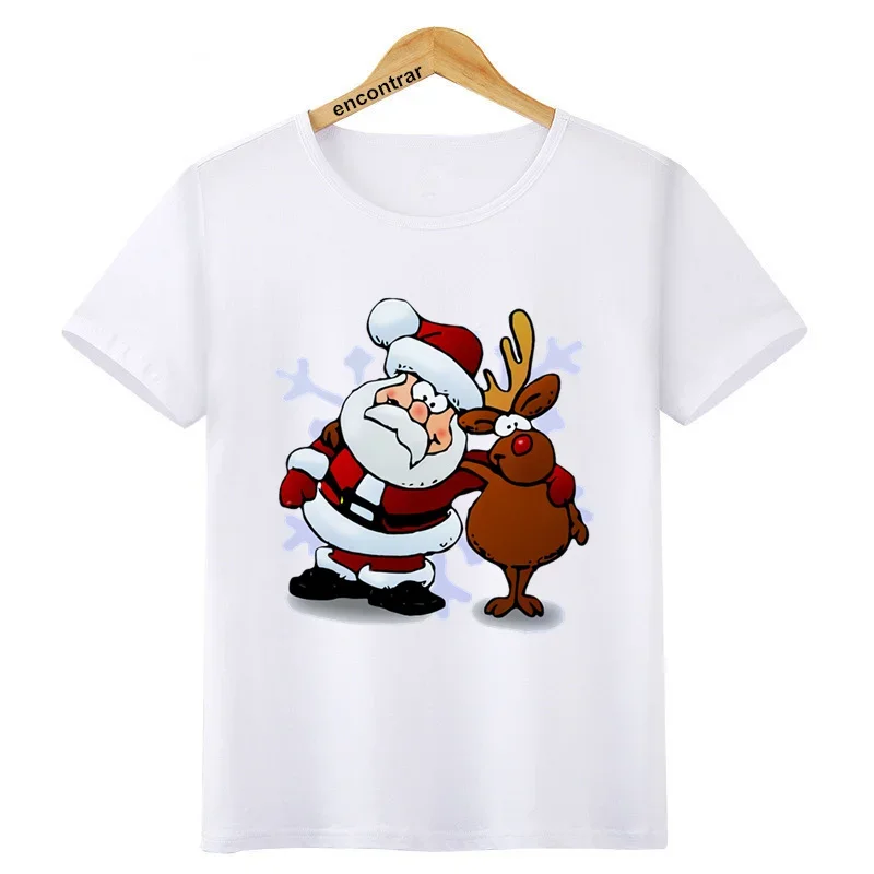 Camiseta de Papá Noel y Reno para niños y niñas, camiseta de manga corta a la moda, camisetas blancas, ropa, BAL609