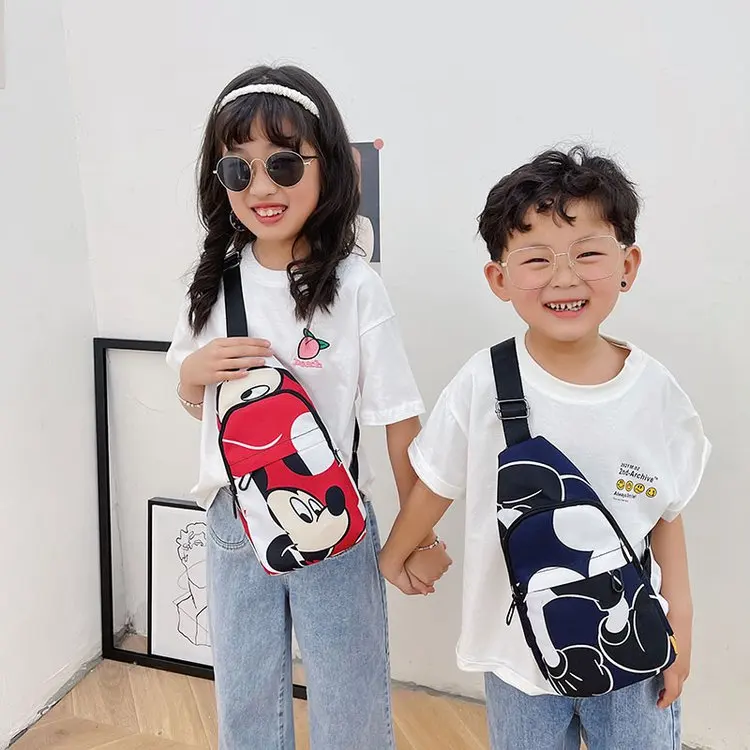 Bolsos de pecho de moda para niños, bolsos cruzados pequeños de un hombro para niños, bolsos de cinturón de lona suaves con estampado de Mickey, personalidad de moda para exteriores