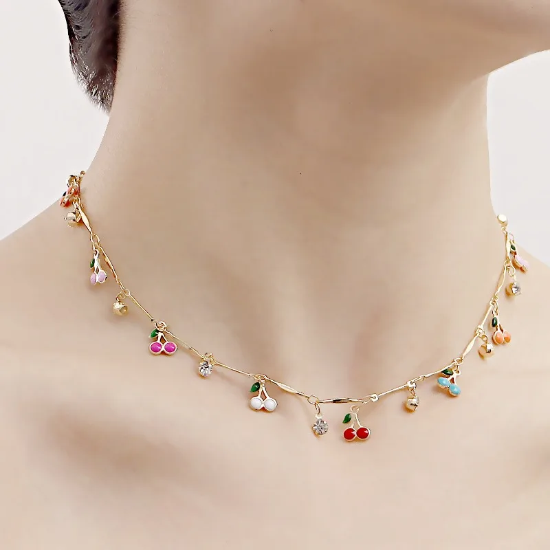 Korean Color Oil Dripping Cherry Pendant Necklace for Women Cute, Sweet and Cool Accessories