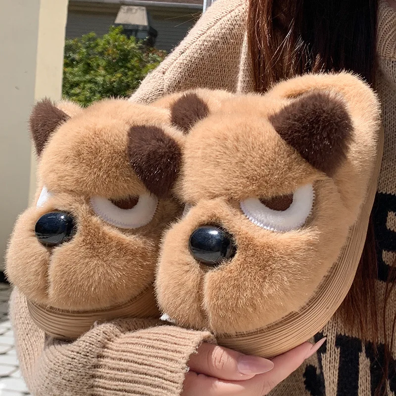 Cute Women's Cotton Slippers Cartoon Dog Non Slip Couple Shoes Fluffy Plush Keep Warm House Slippers 2026 New Women Shoes Winter