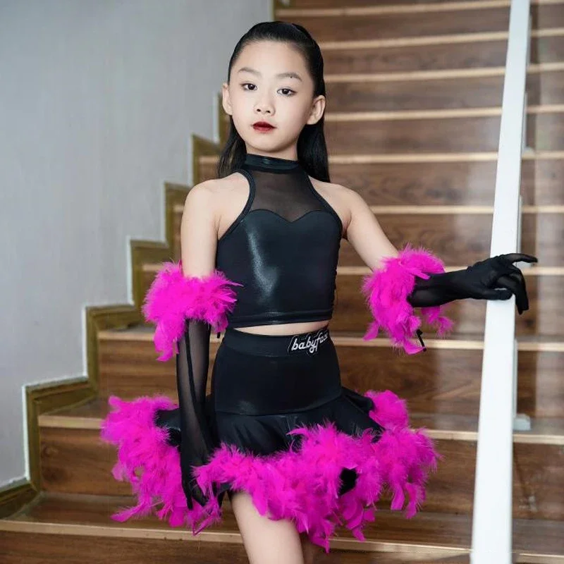 

2024 New Girls Latin Dnace Performance Clothes Rhodo Feather Black Dress Kids Latin Competition Clothing Stage Costume DNV21434