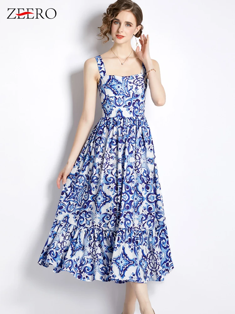 

Runway Summer Blue and Porcelain Print Midi Dress Elegant Women Casual Holiday Spaghetti Strap Slim Ruffles Party Dress Vestidos