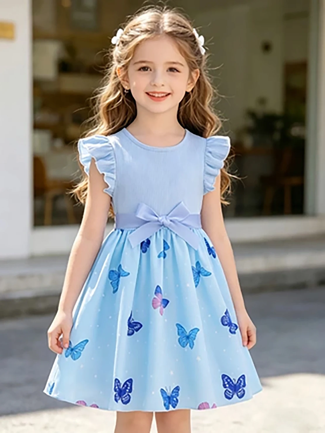 Girls' Blue Butterfly Print Princess Dress, Summer Flutter Sleeve Bow Tutu Skirt