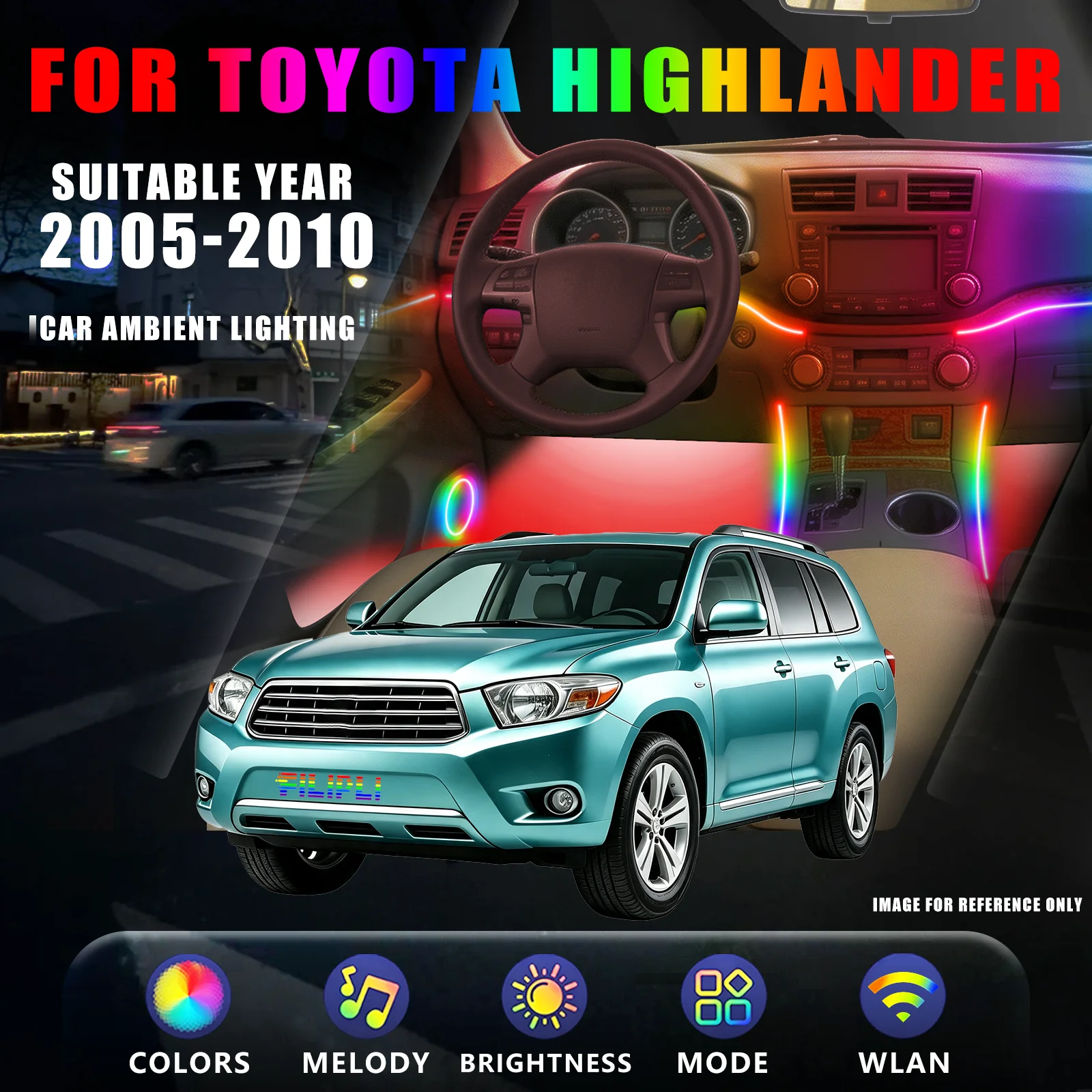 FOR TOYOTA Highlander 2005-2010 YEAR DREAM COLOR 18 Lights Car Ambient Light Kit Full Cabin Linked Breathing Gradient reverse Sync Brighten Speed Adaptive Dimming Hidden Embedded Light Guide Upgrade Kit