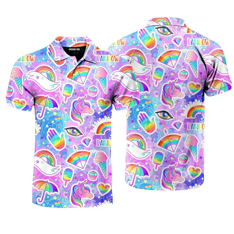 Man Polo Shirt Rainbow Lip Print Personality Street Short Sleeve Golf Shirt Colorful Stripe Gradient Graphic Shirts Free Shiping
